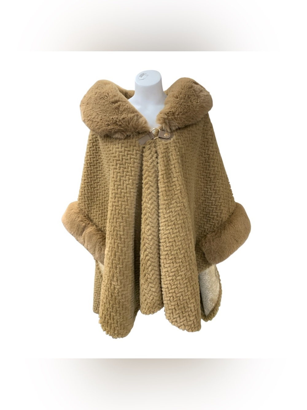 Melanie Lyne Plush Faux-Fur Trim Camel Poncho with Toggle Size O/S